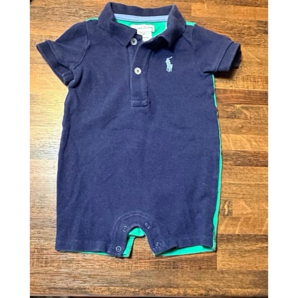 Vintage Y2K Ralph Lauren collared romper. SZ 6 months.  Green & blue Horse logo